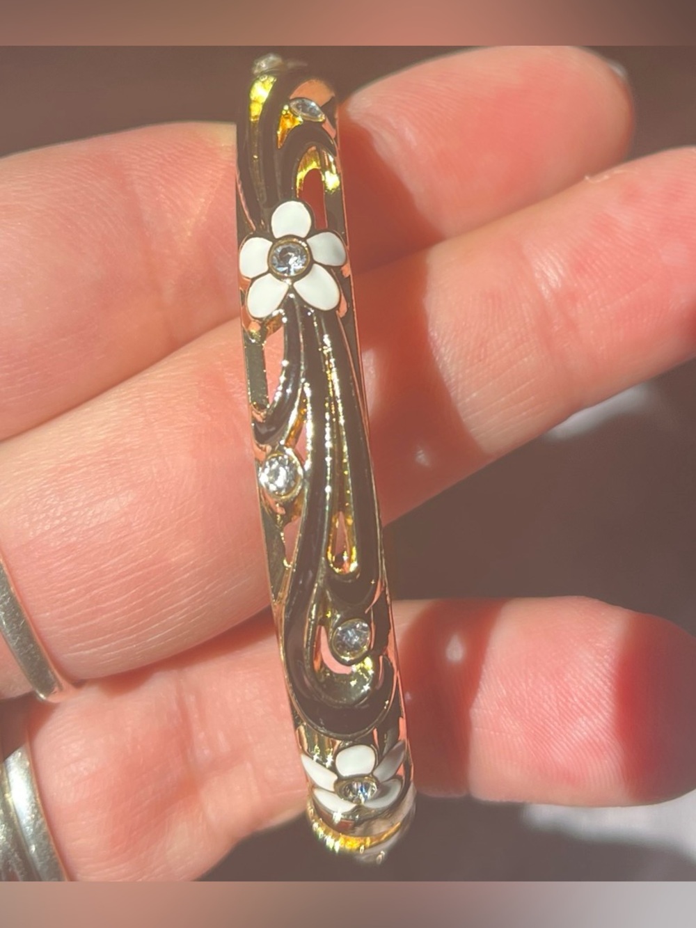 Gold-Tone Floral Crystal Bangle Bracelet - White Flower Accent